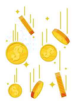 Falling gold coins. Money rain. Golden coins with dollar sign. Growth, income, savings, investment. Symbol of wealth. Business success. Flat style vector illustration.
