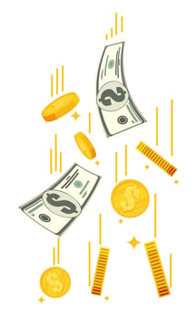 Falling gold coins and banknotes. Money rain. Golden coins with dollar sign. Growth, income, savings, investment. Symbol of wealth. Business success. Flat style vector illustration.