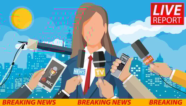 Woman public speaker. Live report. Hands of journalists with microphones and digital voice recorders. Press conference concept, news, media, journalism. Vector illustration in flat style