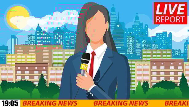 News announcer in the studio. Cityscape with buildings, clouds, sky, sun. Journalism, live report, breaking hot news, television and radio casts concept. Vector illustration in flat style