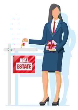 Suburban house, businesswoman or realtor holding key. Wooden placard with real estate sign. Mortgage, property and investment. Buy sell or rent realty. Flat vector illustration