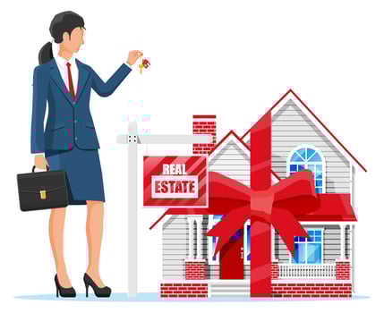 Suburban house, businesswoman or realtor holding key. Wooden placard with real estate sign. Mortgage, property and investment. Buy sell or rent realty. Flat vector illustration