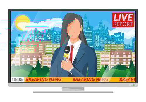 Woman news announcer in the studio. Cityscape with buildings, clouds, sky, sun. Journalism, live report, breaking hot news, television and radio casts concept. Vector illustration in flat style