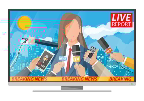 Woman public speaker. Live report. Hands of journalists with microphones and digital voice recorders. Press conference concept, news, media, journalism. Vector illustration in flat style