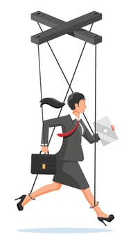 Businesswoman marionette is hanging on ropes. Puppeteer holding business woman on leash. Puppet doll worker, abuse of power, manipulation. Vector illustration in flat style