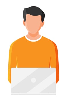 Freelancer boy works at home. Male character with notebook computer. Young man with laptop. Remote work online education, social media and seo. Flat vector illustration
