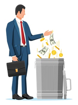 Businessman putting golden coins and dollar bills in trash. Garbage waste investment. Losing or wasting money, overspending, bankruptcy or crisis. Vector illustration in flat style