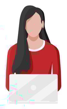 Freelancer girl works at home. Female character with notebook computer. Young woman with laptop. Remote work online education, social media and seo. Flat vector illustration