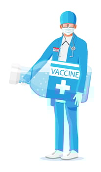 Male doctor holds large ampoule with vaccine. Cartoon doctor holding big bottle isolated on white. Man in coat with medical vaccine in container. Vaccination concept. Flat vector illustration