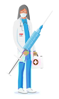 Female doctor holds large syringe with vaccine. Cartoon doctor holding big syringe isolated on white. Woman in coat with medical vaccine injection tool. Vaccination concept. Flat vector illustration