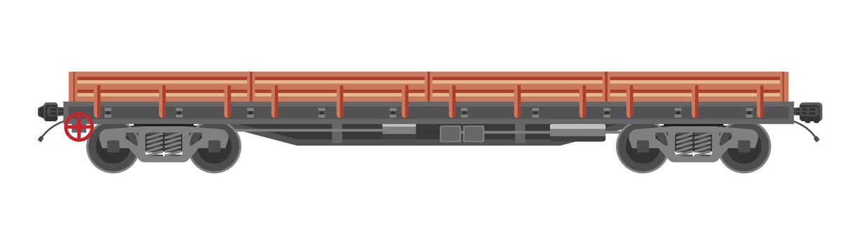 Freight railroad car isolated on white background. Freight boxcar wagon. Flatcar part of cargo train. Railroad transportation. Flat vector illustration