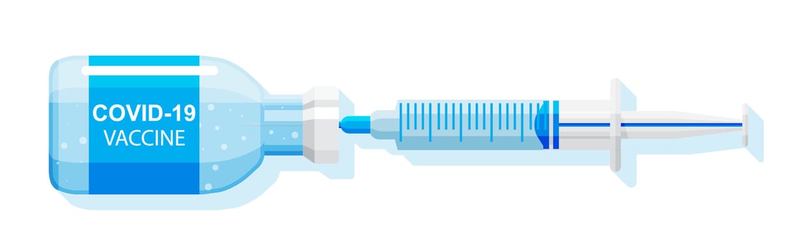 Ampoule and syringe with medicament. Coronavirus covid 19 vaccination concept. Injection syringe needles. Medical equipment. Healthcare, hospital and medical diagnostics. Flat vector illustration