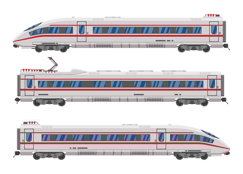 High Speed Train Isolated On White Background. Super Streamlined Train. Passenger Express Railway Locomotive. Railroad Public Transportation. Rapid Transport Concept. Flat Vector Illustration