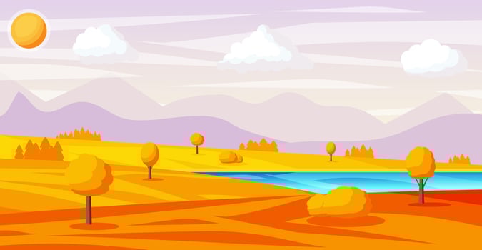 Autumn Landscape Of Mountains And Green Hills. Nature Landscape With Rocks, Forest, Grass, Sun, Sky, Lake and Clouds. National Park or Nature Reserve. Vector Illustration In Flat Style