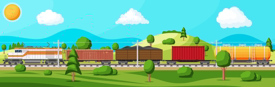 Train with cargo wagons, cisterns, tanks and cars. Railroad freight collection. Nature landscape with trees, hills, forest and clouds. Cargo rail transportation. Flat vector illustration
