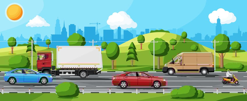 Suburb Road With Cargo Truck Trailer, Cars, Van And Motorbike. Road Over Hills And Forest Landscape. Suburban Transportation And Cargo. Flat Vector Illustration