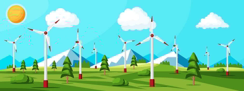 Wind Farm In Green Fields Among Trees. Nature Landscape With Modern Windmills. Green Energy Concept Banner. Ecology Alternative Energy Source Technology. Flat Vector Illustration