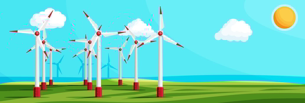 Wind Farm In Green Fields Among Trees. Nature Landscape With Modern Windmills. Green Energy Concept Banner. Ecology Alternative Energy Source Technology. Flat Vector Illustration