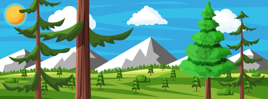 Landscape Of Mountains And Green Hills. Summer Nature Landscape With Rocks, Forest, Grass, Sun, Sky and Clouds. National Park or Nature Reserve. Vector Illustration In Flat Style
