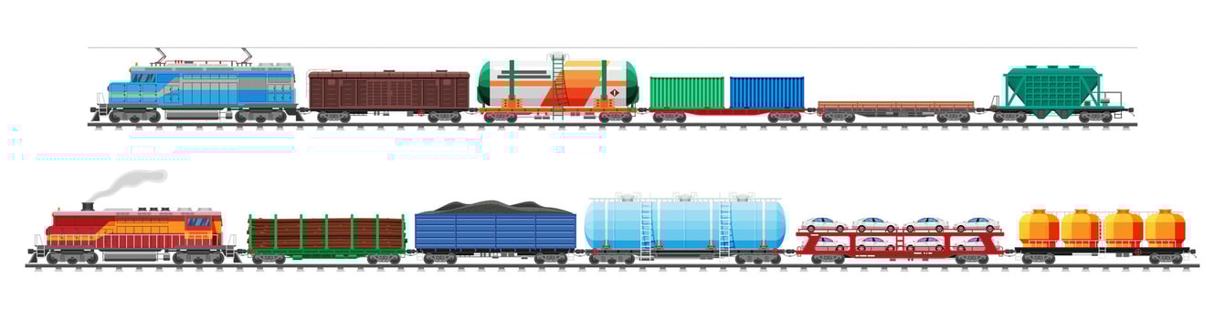 Set of train cargo wagons, cisterns, tanks and cars. Railroad freight collection. Flatcar, boxcar, car carriage. Industrial carriages, side view. Cargo rail transportation. Flat vector illustration