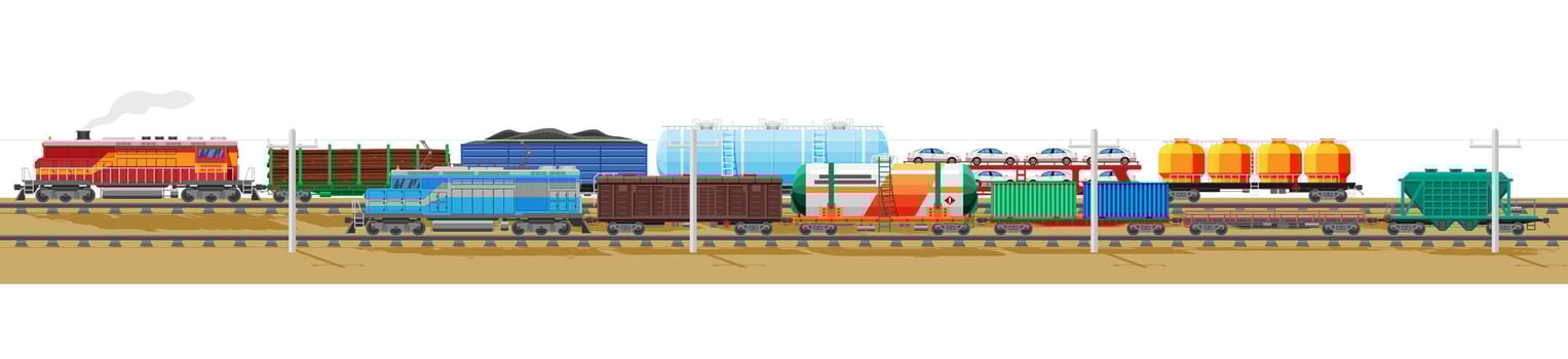 Set Of Train Cargo Wagons, Cisterns, Tanks And Cars. Railroad Freight Collection. Flatcar, Boxcar, Car Carriage. Industrial Carriages, Side View. Cargo Rail Transportation. Flat Vector Illustration