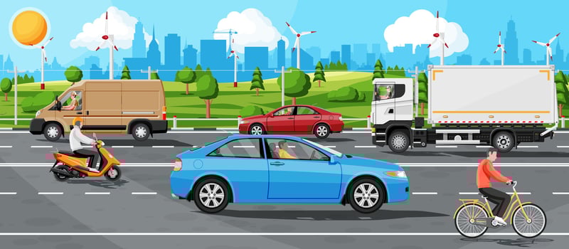 Suburb Road With Cargo Truck Trailer, Cars, Van And Motorbike. Road Over Hills And Forest Landscape. Cityscape skyline panorama. Suburban Transportation And Cargo. Flat Vector Illustration