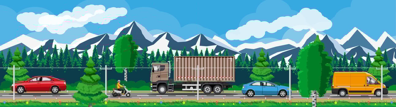 Suburb Road With Cargo Truck Trailer, Cars, Van And Motorbike. Road Over Mountains And Forest Landscape. Suburban Transportation And Cargo. Flat Vector Illustration