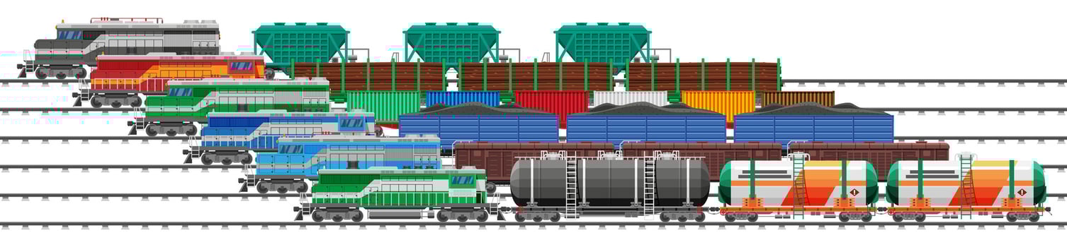 Set Of Train Cargo Wagons, Cisterns, Tanks And Cars. Railroad Freight Collection. Flatcar, Boxcar, Car Carriage. Industrial Carriages, Side View. Cargo Rail Transportation. Flat Vector Illustration