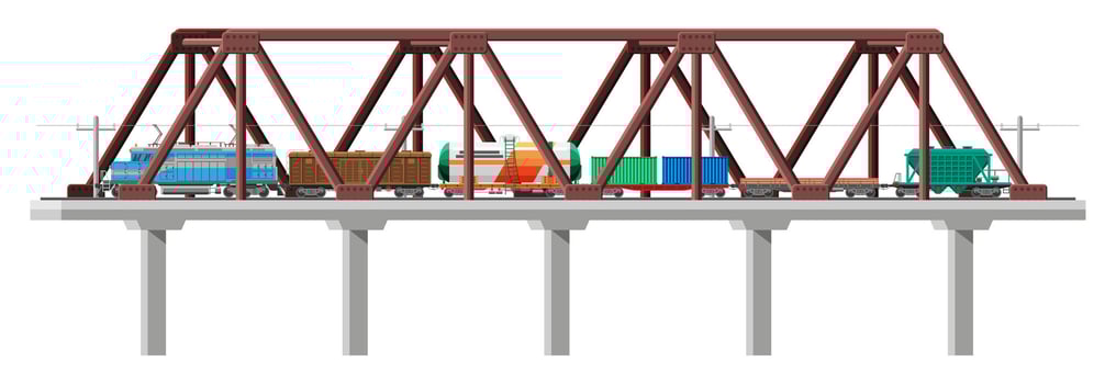 Cargo Train on Bridge. Wagons, Cisterns, Tanks, Cars. Railroad Freight Collection. Flatcar, Boxcar. Industrial Carriages on Aqueduct, Side View. Cargo Rail Transportation. Flat Vector Illustration