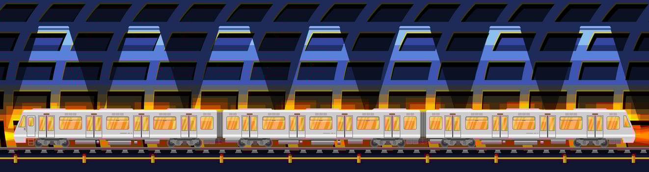 Detailed Underground Train Car in Tunnel. Subway Railway Car with Lights. Modern Urban Metro. Passenger Express Railway. Railroad Public Transportation. Rapid Transport. Flat Vector Illustration
