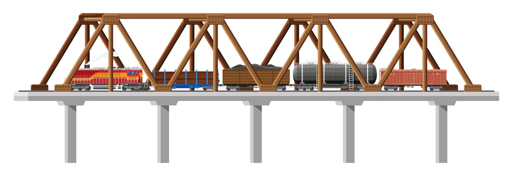 Cargo Train on Bridge. Wagons, Cisterns, Tanks, Cars. Railroad Freight Collection. Flatcar, Boxcar. Industrial Carriages on Aqueduct, Side View. Cargo Rail Transportation. Flat Vector Illustration