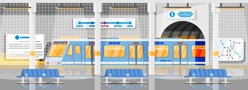 Empty Subway Station Interior. Train and Underground Platform. Railway Metro Station. Passenger Express Railway. Railroad Public Transportation. Rapid Transport. Flat Vector Illustration