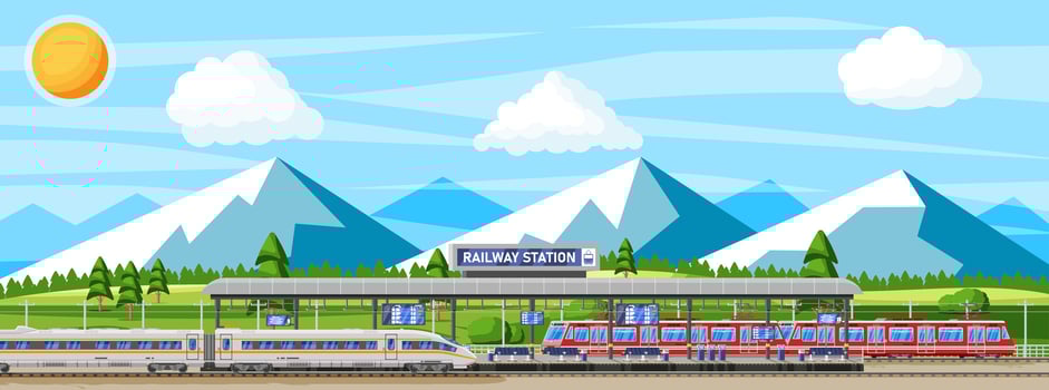 Modern Railway Station with High Speed Train and Platform with Schedule. Super Streamlined Train. Passenger Express Railway Locomotive. Railroad Public Transportation Subway. Flat Vector Illustration