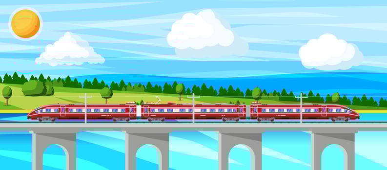 Skytrain and Landscape with Cityscape. Super Streamlined Train. Passenger Express Railway Locomotive. Monorail Railroad Public Transportation. Rapid Transport Subway. Flat Vector Illustration