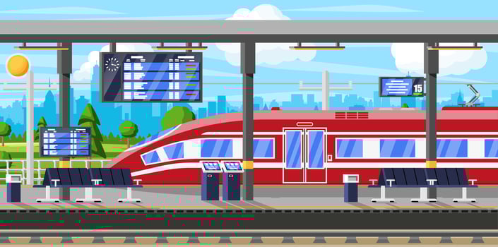 Modern Railway Station with High Speed Train and Platform with Schedule. Super Streamlined Train. Passenger Express Railway Locomotive. Railroad Public Transportation Subway. Flat Vector Illustration