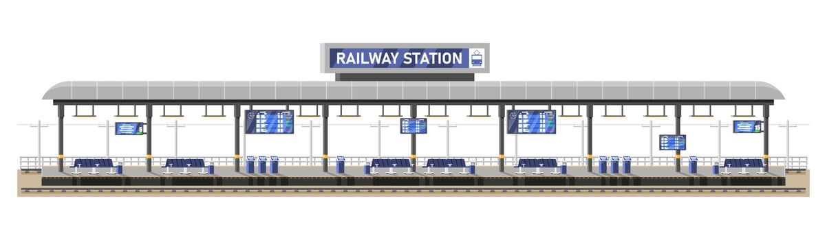 Modern Railway Station for High Speed Train. Platform with Schedule. Super Streamlined Train. Passenger Express Railway Locomotive. Railroad Public Transportation Subway. Flat Vector Illustration