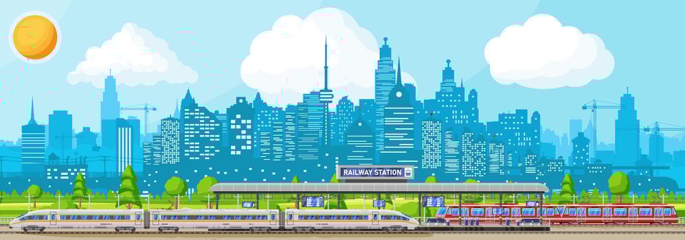 Modern Railway Station with High Speed Train. Platform with Schedule. Super Streamlined Train. Passenger Express Railway Locomotive. Railroad Public Transportation Subway. Flat Vector Illustration