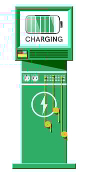 Electric Vehicle, Device Charging Station. Getting Energy from Battery Supply. Mobile Battery Terminal for Mobile Phones and other Gadget. Charge Station with Screen. Cartoon Flat Vector Illustration