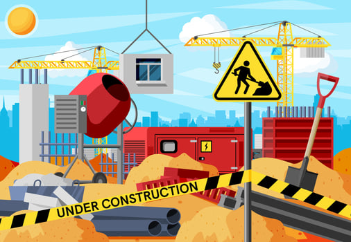Construction Site Banner. Concrete Mixer, Shovel, Tower Crane and Bricks in Pile of Sand. Under Construction Design Background. Building Materials and Equipment. Cartoon Flat Vector Illustration