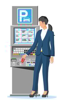 Parking Meter and Woman Isolated on White. Ticket Machine Icon. Modern Meters for Parking Lot. Authorized Machine. Self Service Parking Pay. Electronic Payment Terminal. Flat Vector Illustration