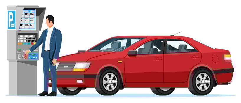 Man Pay for Car Park with Parking Meter Isolated. Ticket Machine Icon. Male Car Driver and Sedan Vehicle. Self Service Parking Pay. Electronic Payment Terminal. Cartoon Flat Vector Illustration
