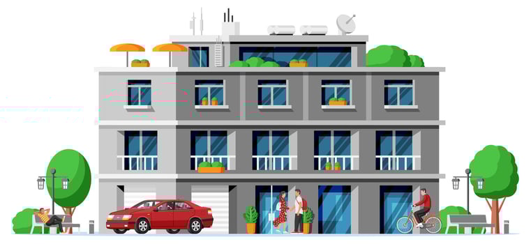 Modern Apartment Building Isolated. Exterior or Facade of Small City Apartment. Urban Fashioned Residential Brick Building. Multistory Living Houses with Balconies. Flat Vector Illustration