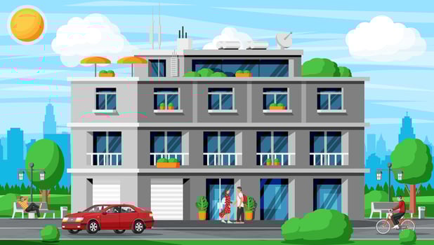 Modern Apartment Building Landscape. Exterior or Facade of Small City Apartment. Urban Fashioned Residential Brick Building. Multistory Living Houses with Balconies. Flat Vector Illustration
