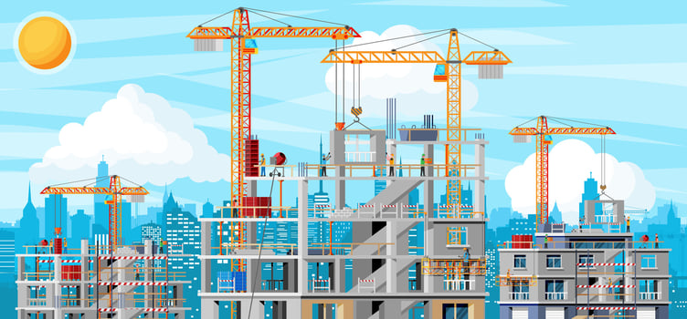 Construction Site Banner Landscape. Rooftop, Workers, Concrete Piles, Tower Crane. Under Construction Design Background. Building Materials and Equipment. Cartoon Flat Vector Illustration