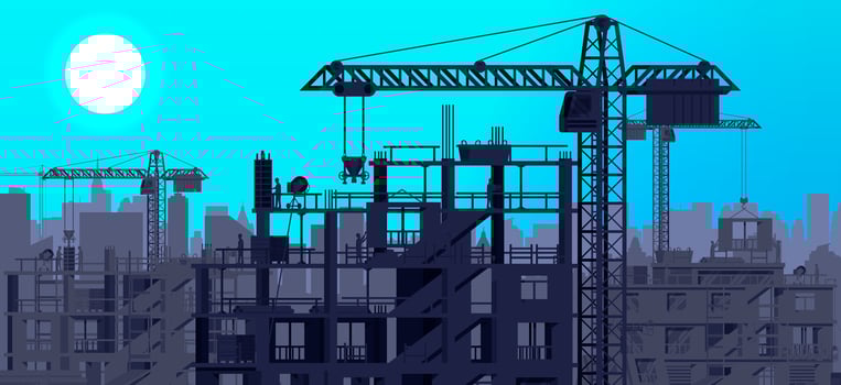 Construction Site Banner Silhouette Landscape. Rooftop, Workers, Concrete Piles, Tower Crane. Under Construction Design Background. Building Materials and Equipment. Cartoon Flat Vector Illustration