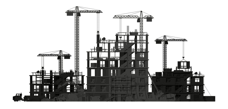 Construction Site Banner Silhouette Isolated. Truck car, Workers, Concrete Piles, Tower Crane. Under Construction Design Background. Building Materials and Equipment. Cartoon Flat Vector Illustration
