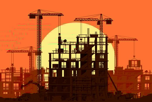 Construction Site Banner Silhouette Landscape. Truck car, Workers, Concrete Piles, Tower Crane. Under Construction Design Background. Building Materials and Equipment. Cartoon Flat Vector Illustration