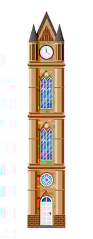 Clock Tower Isolated on White. Medieval Building of Old Town. European Castle Tower with Spire and Clock. Historic Bell Tower with Windows and Door. Cartoon Flat Vector Illustration