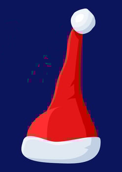 Red Santa Claus Hat Isolated on Blue Background. Hat with Fur and Pompon. Happy New Year Decoration. Merry Christmas Clothes Holiday. New Year and Xmas Celebration. Vector Illustration in Flat Style