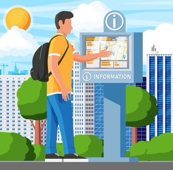Information Kiosk and Man and Cityscape. Sign Digital Information Panel. Street Interactive Touchscreen Kiosk. Help Digital Board Interface or Payment Terminal. Cartoon Flat Vector Illustration